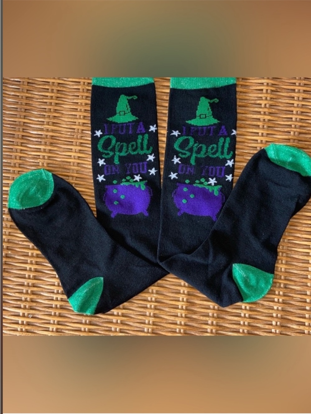 Black Crew Socks with Green Accents and Purple Cauldron Design
